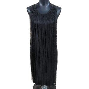 Sam Edelman Black Fringe Flapper Dress M Open Back Cocktail Party Gatsby